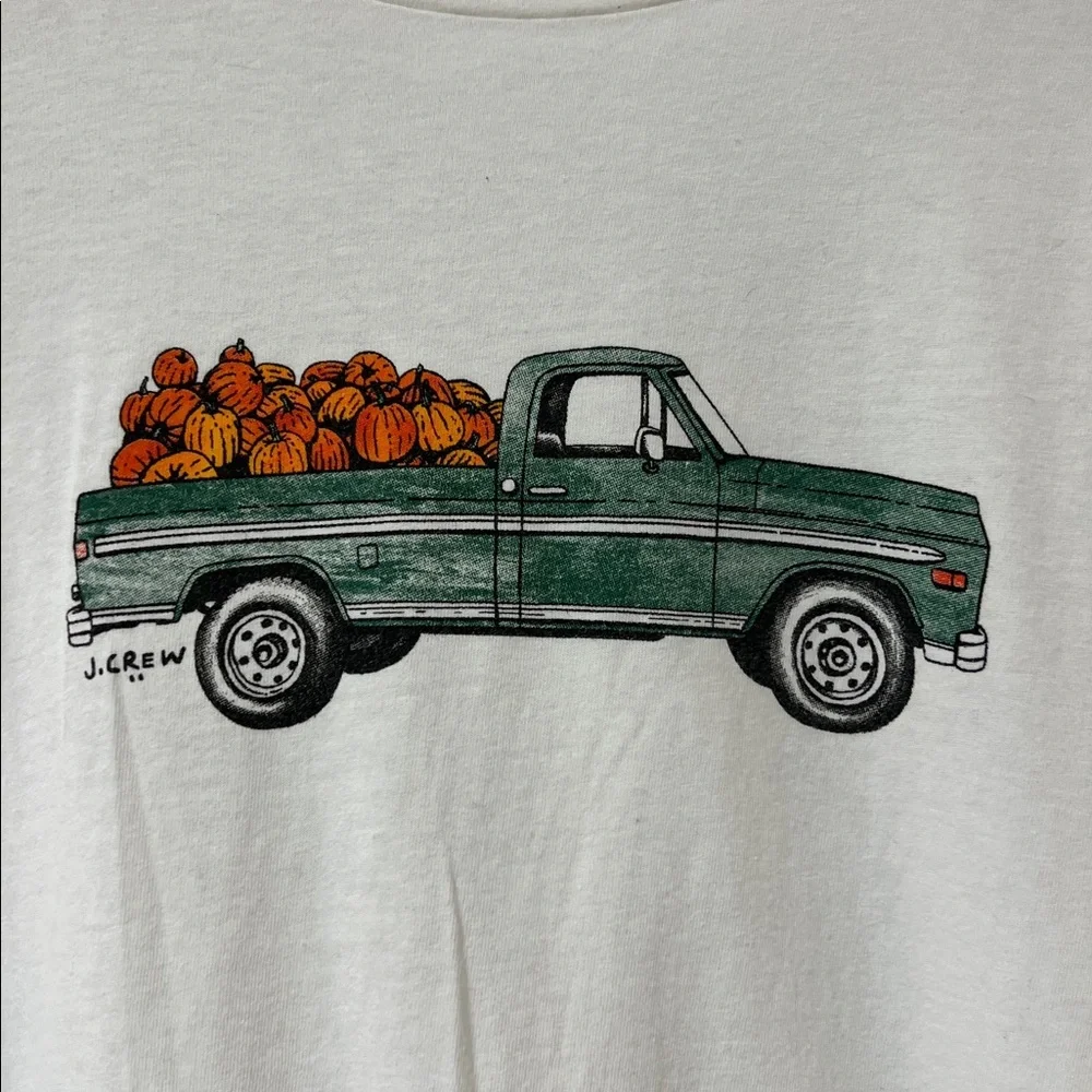 J Crew White Long Sleeve with Green Truck and Orange Pumpkins Sz L
